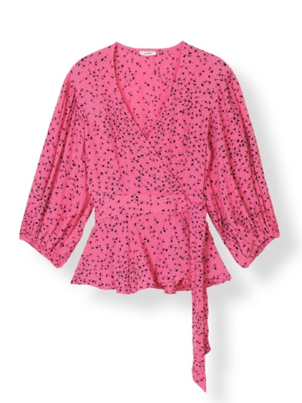 GANNI Barra Crepe Wrap Blouse in Pink / Black Floral - 36